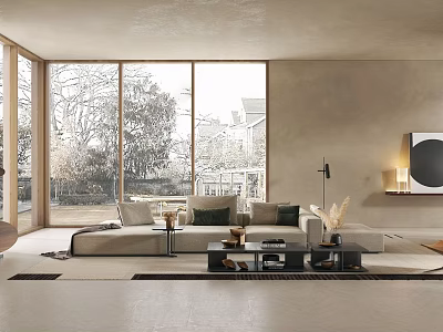 Modern Cozy Living Room With Large Windows Natural Light Light Sofa Wall Art Coffee Table 3d model