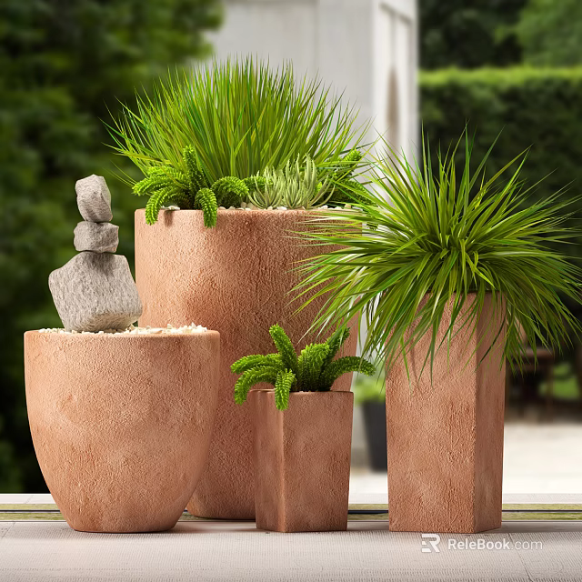 Bonsai Potted Plants In Terracotta Pots With Green Foliage And Stone Decorations 3d model 