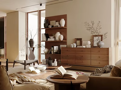 Modern Living Room Interior With Wooden Bookshelf Dresser Natural Light And Decorations 3d model