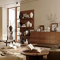 Modern Living Room Interior With Wooden Bookshelf Dresser Natural Light And Decorations