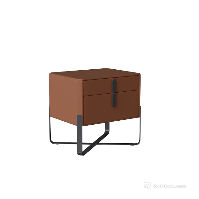 Modern Brown Bedside Table With Two Drawers And Black Metal Frame 3d model 
