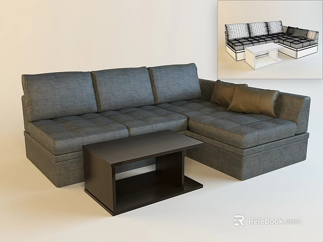 Gray L Shaped Sectional Sofa With Brown Cushions And Black Coffee Table 3d model