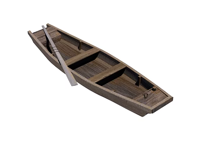 Traditional Wooden Boat With Oar And Wooden Plank Seats Structure 3d model