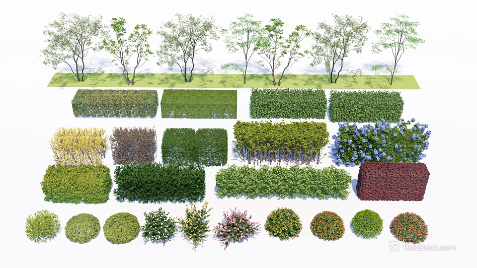 Diverse Shrubs With Pruned Shapes Vibrant Foliage For Garden Landscape Design 3d model 