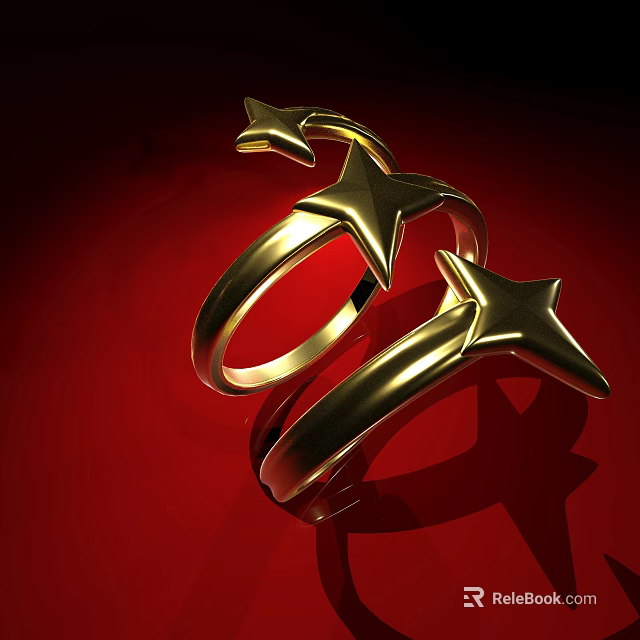 Golden Star Shaped Rings Jewelry Design With Two Pieces On Red Background 3d model 