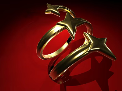 Golden Star Shaped Rings Jewelry Design With Two Pieces On Red Background 3d model