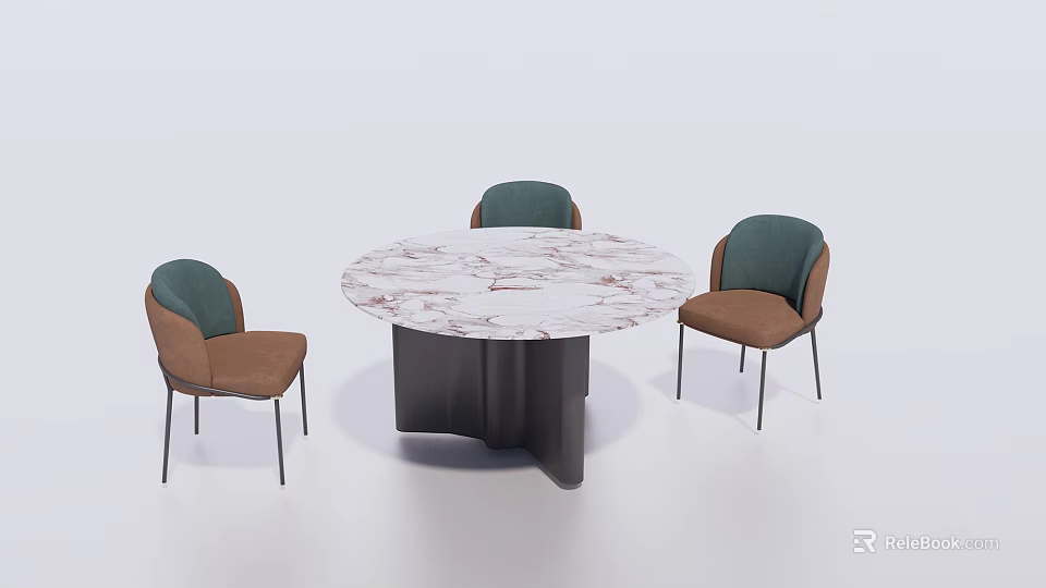 Modern Round Dining Table Set With Marble Top And Green Brown Chairs 3d model