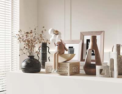 Elegant Decorative Ornament Combination On Windowsill With White Wall Blinds Dried Flowers Wooden Geometric Vases 3d model