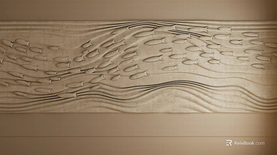 Textured Beige Wall With Decorative Wavy Patterns And Fish Motifs Design 3d model