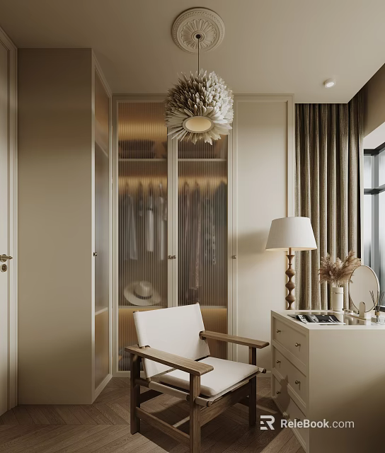 Modern Walk in Closet Interior With Glass Doors Chair And Lamp 3d model 