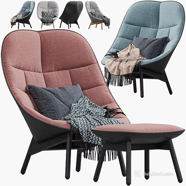 Comfortable Modern Pink Accent Chair With Quilted Backrest Blue Pillow And Fringe Blanket 3d model 