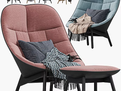 Comfortable Modern Pink Accent Chair With Quilted Backrest Blue Pillow And Fringe Blanket 3d model