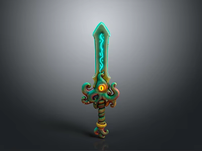 Fantasy Sword Green Blade With Blue Glowing Patterns Octopus Tentacle And Spiral Decorated Hilt 3d model