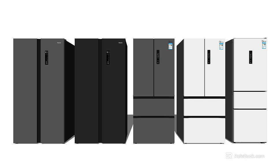 Display of Multiple Style Refrigerators and Freezers in Black Gray and White 3d model 