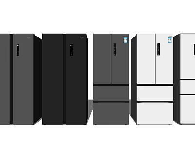 Display of Multiple Style Refrigerators and Freezers in Black Gray and White 3d model