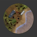 Garden Landscape With Bare Trees RV Green Tent Campfire And Boat Near Water