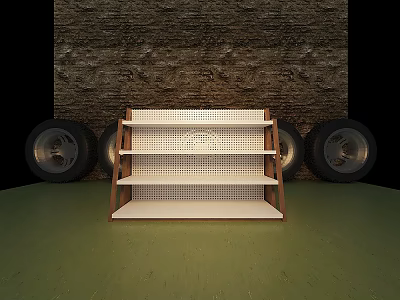 Wooden Display Shelf With Three Layers Against Stone Wall And Tires 3d model