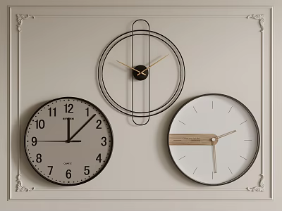 Three Stylish Wall Mounted Clocks On Decorative Wall 3d model