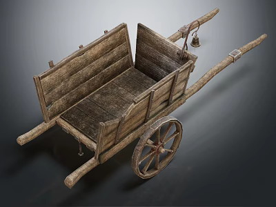 Rustic Old Wooden Cart With Structure Wheels Handle And Bell Details 3d model