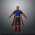 Superhero Character With Blue Top Red Cape And Gold Accents In Standing Pose