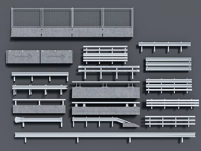 Different Types of Fence Designs Including Metal Railings and Concrete Structures 3d model
