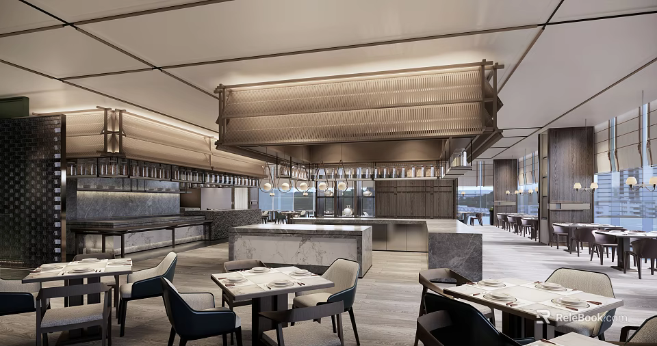 Elegant Modern Restaurant Interior Design With Dining Tables Chairs Bar Counter And Ambient Lighting 3d model 