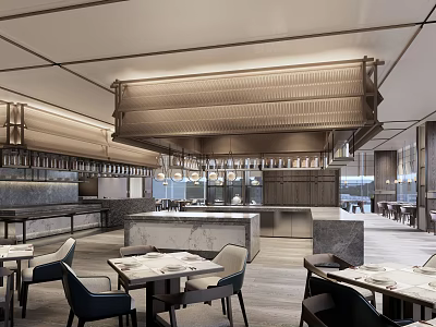 Elegant Modern Restaurant Interior Design With Dining Tables Chairs Bar Counter And Ambient Lighting 3d model