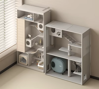 Modern White Cat Furniture Cabinet With Open Shelves Cat Bed And Accessories 3d model