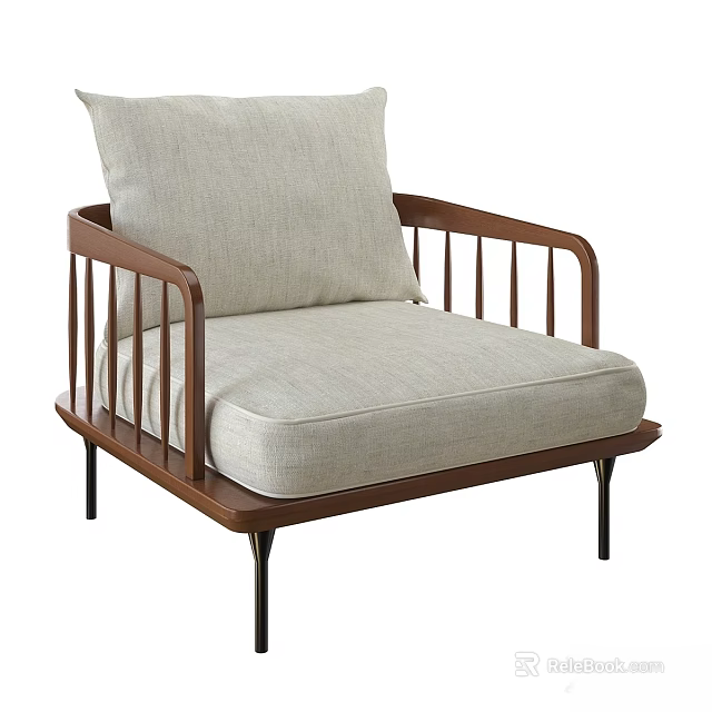 Modern Accent Chair with Wooden Frame Light Gray Cushion and Metal Legs 3d model 