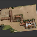 Cartoon Scene Of Traditional Buildings With Red Roofs Green Trees Lawn And Driveway