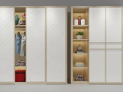 Modern Wardrobe With Sliding Doors Light Wooden Frame Internal Storage Hanging Folded Clothes Decorative Items 3d model