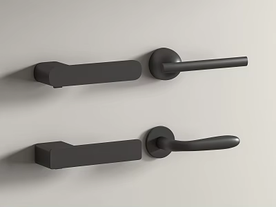 Two Modern Black Door Handles Installed on Light Colored Wall with Different Designs 3d model