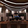 Spacious Music Room Interior With Piano Drum Set Microphone Stands Wooden Floor And Ceiling