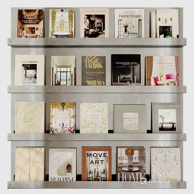 Books and Magazines on Metal Shelf with Various Covers Including Design Art and Lifestyle 3d model 