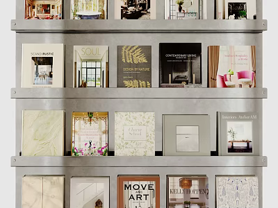 Books and Magazines on Metal Shelf with Various Covers Including Design Art and Lifestyle 3d model