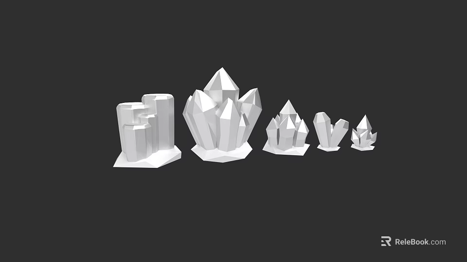 White Crystal Geometric Shapes In Different Sizes Arranged On Dark Background 3d model 