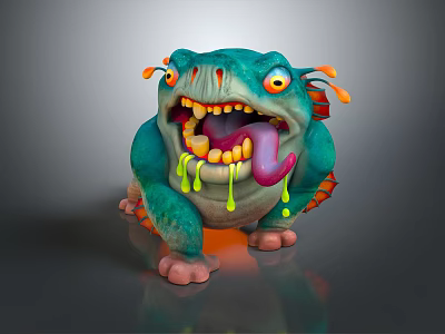 Teal Fantasy Monster With Large Eyes Open Mouth Sticking Tongue Green Orange Slime And Fins 3d model