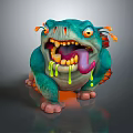 Teal Fantasy Monster With Large Eyes Open Mouth Sticking Tongue Green Orange Slime And Fins