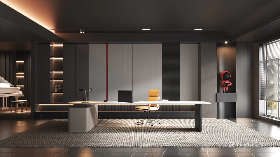 Modern Home Office Space With Long Desk Yellow Chair Computer Grey Cabinets And Lighting Strips 3d model 