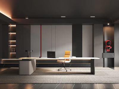 Modern Home Office Space With Long Desk Yellow Chair Computer Grey Cabinets And Lighting Strips 3d model