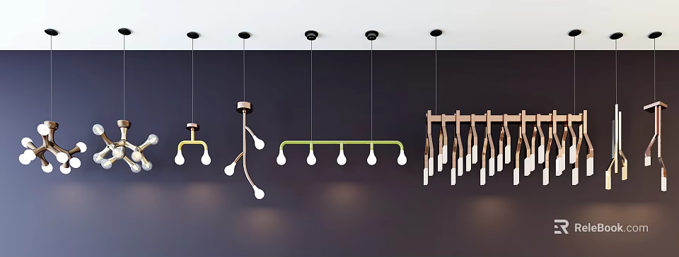 Contemporary Pendant Lights Showcasing Various Designs With Spherical Bulbs Curved Metal Arms And Wooden Strips 3d model 