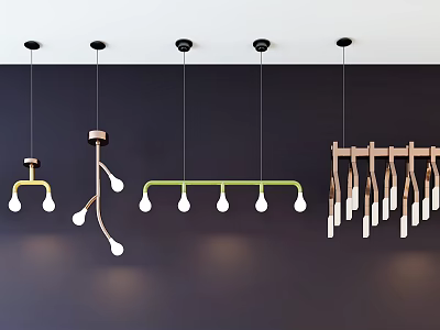 Contemporary Pendant Lights Showcasing Various Designs With Spherical Bulbs Curved Metal Arms And Wooden Strips 3d model