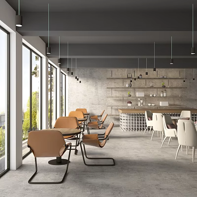 Modern Open Lounge Area Interior With Cozy Chairs Wooden Tables And Pendant Lights 3d model