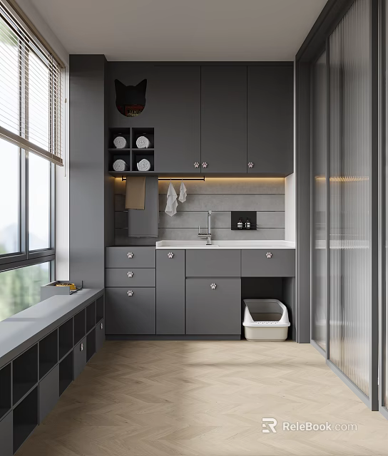 Modern Home Balcony Interior With Gray Cabinets Sink Window Blinds And Cat Litter Box 3d model 