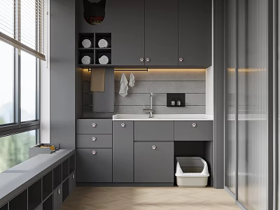 Modern Home Balcony Interior With Gray Cabinets Sink Window Blinds And Cat Litter Box 3d model