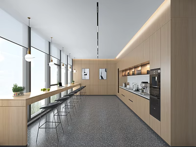 Modern Pantry Interior Design With Long Counter Bar Stools Large Windows And Built in Cabinets 3d model