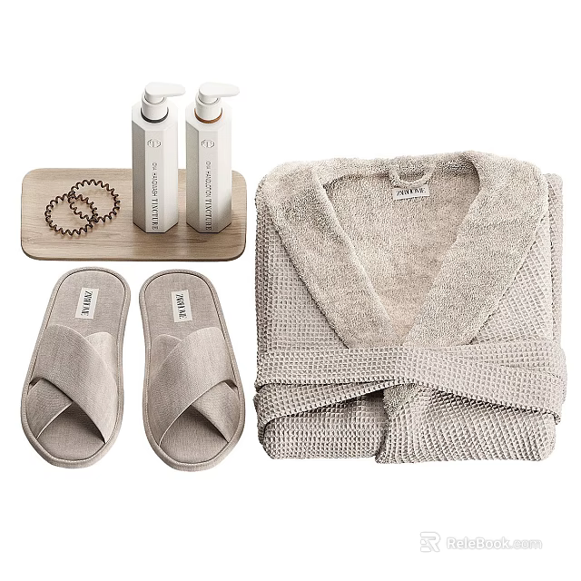 Cozy Daily Bath Essentials Including Bathrobe Slippers Lotion Bottles Wooden Tray and Hair Scrunchies 3d model 