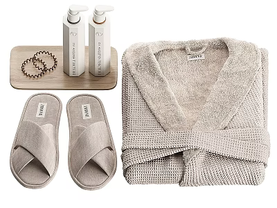 Cozy Daily Bath Essentials Including Bathrobe Slippers Lotion Bottles Wooden Tray and Hair Scrunchies 3d model