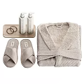 Cozy Daily Bath Essentials Including Bathrobe Slippers Lotion Bottles Wooden Tray and Hair Scrunchies