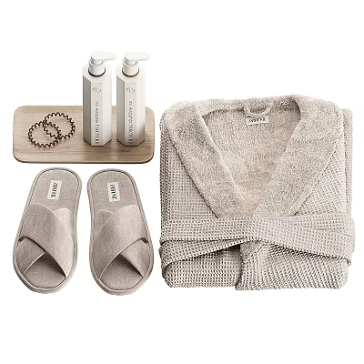 Cozy Daily Bath Essentials Including Bathrobe Slippers Lotion Bottles Wooden Tray and Hair Scrunchies 3d model